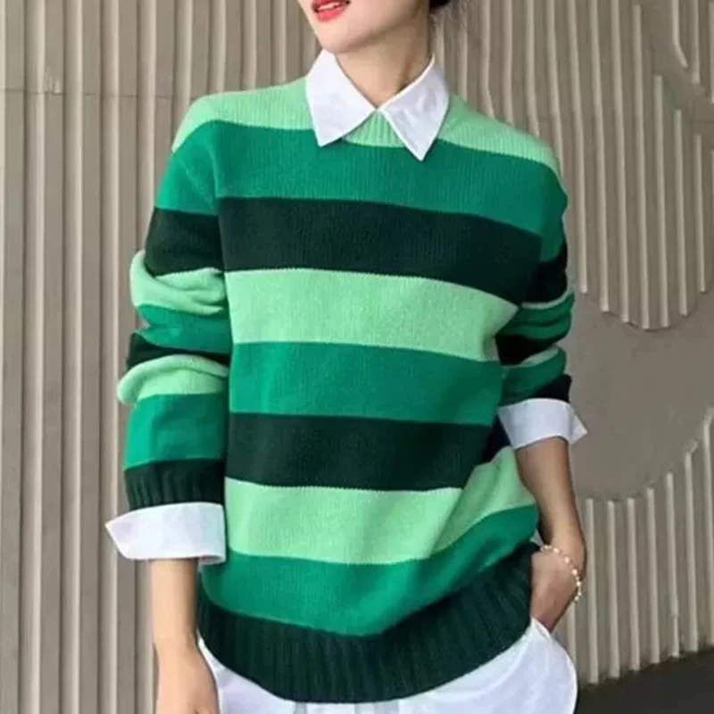 商场同款秋冬新款宽松减龄撞色条纹羊绒圆领针织衫女毛衣5399661