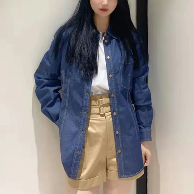 新款春修身时尚宽松通勤蓝色POLO领休闲牛仔衬衫外套1300835