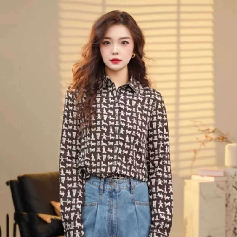 商场同款2025早春季新款通勤简约狗狗图案印花休闲长袖衬衫130073