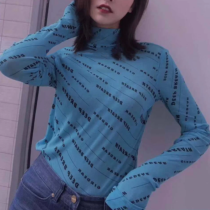 魅言新款夏修身半高领通勤百搭打底衫字母印花长袖T恤女装1300237