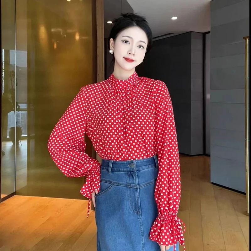 商场同款2025春季新款时尚复古气质小众波点泡泡袖衬衫女130005