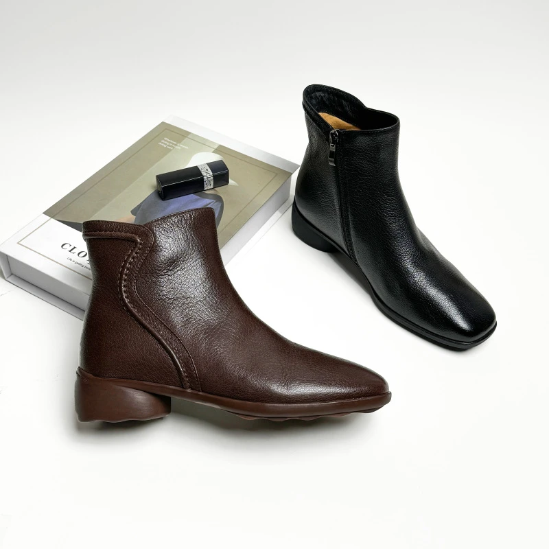 3CM低跟秋冬季时装靴双11新款爆款时尚休闲百搭真皮粗跟加绒方头