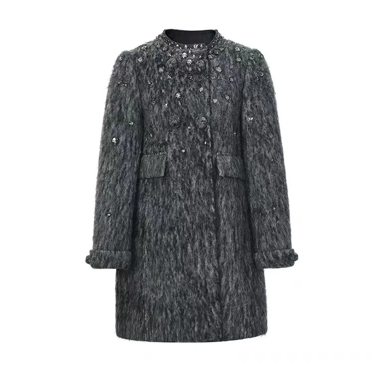 LE FAME/拉飞姆2024年冬季新格雷少女灰色钉珠外套LF24D02SY134