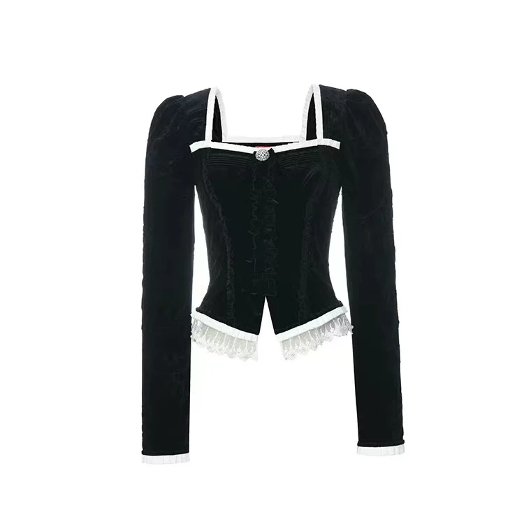 LeFame/拉飞姆Lefame24秋宫廷风名媛丝绒压花上衣FF24Q51SB200