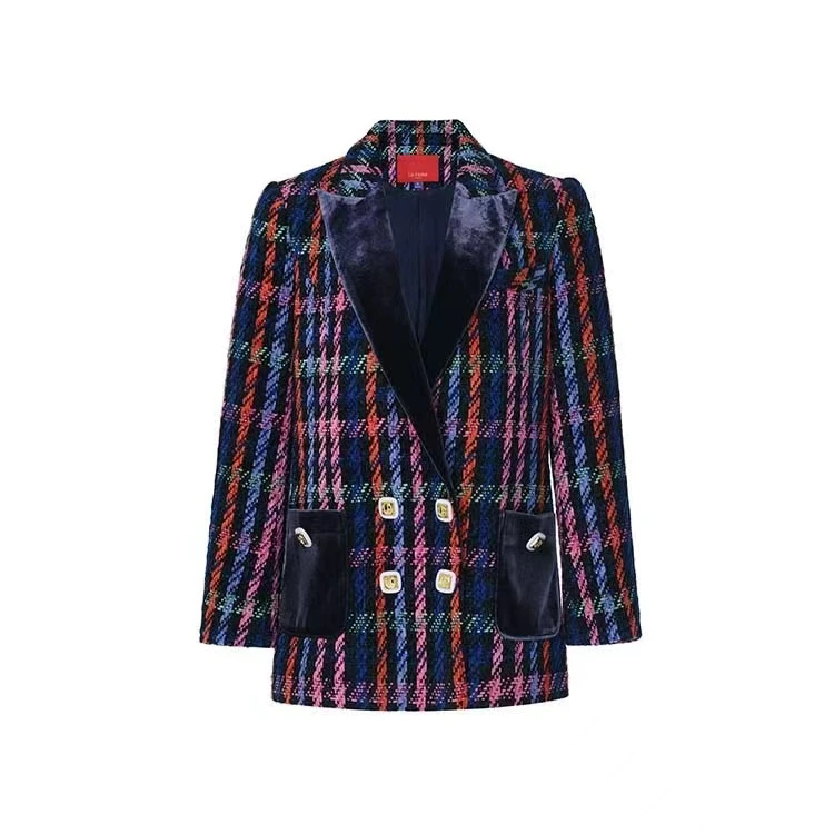 LeFame/拉飞姆Lefame24春港风紫格撞色长外套LF24C41SC151