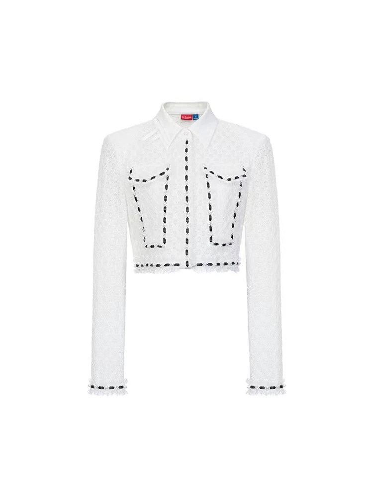 LeFame/拉飞姆Lefame24春浪漫蝴蝶结装饰白蕾丝上衣LF24C21SB304