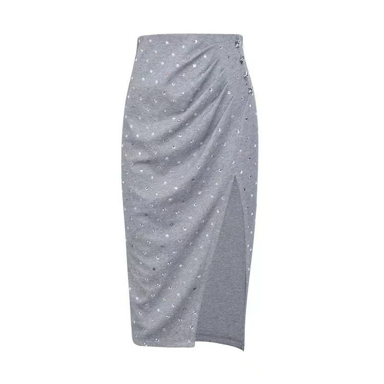 LeFame/拉飞姆LEFAME2022夏粉彩烫钻高开衩一步裙LF22X12S06S206