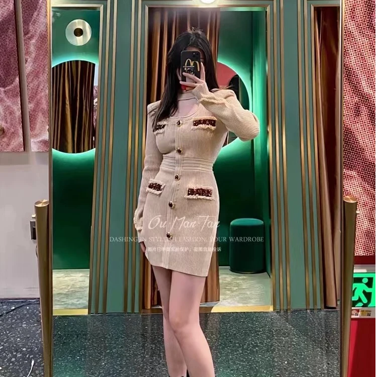 LeFame/拉飞姆LF23D21ZO183卡其色幻彩葱针织连衣裙