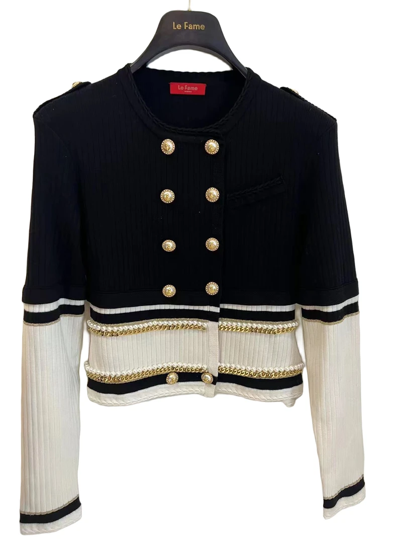 LeFame/拉飞姆Lefame24春黑白链条珍珠针织上衣LF24C31ZM103百搭