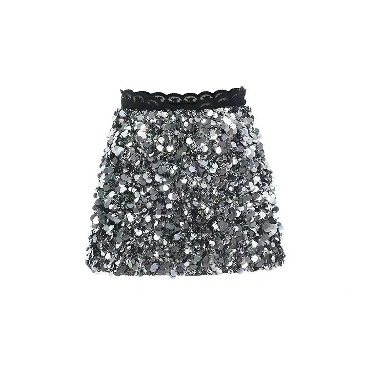 LeFame/拉飞姆LF24D51SS383冬季新品60年代银灰色华丽珠片A型半裙