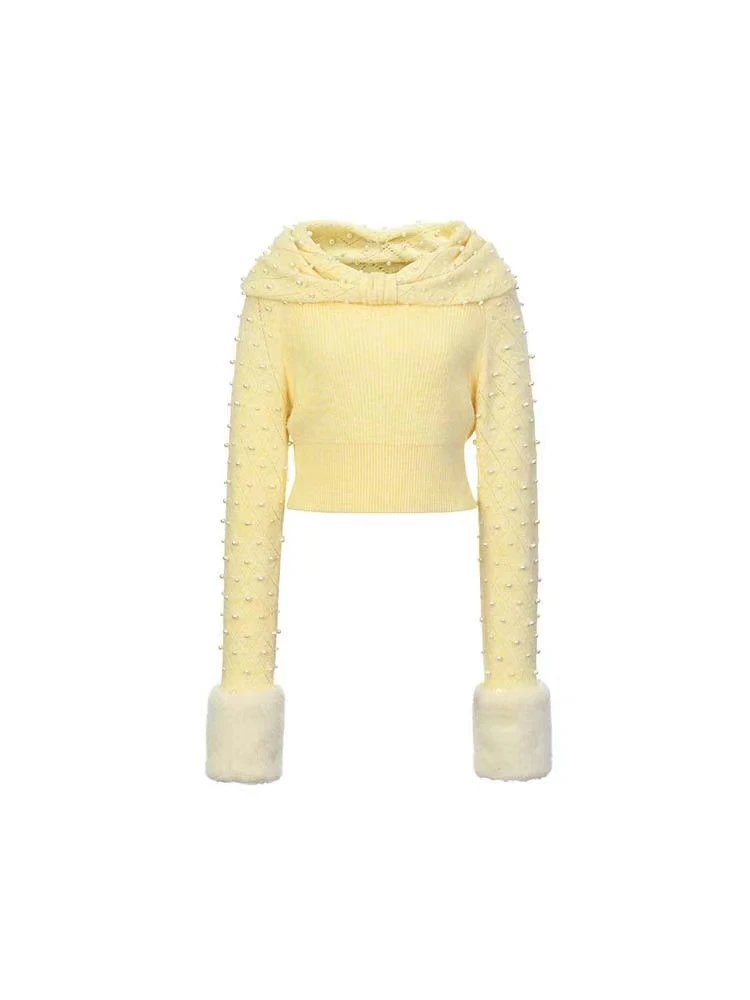 LeFame/拉飞姆Lefame24春浅黄珍珠毛毛袖口针织上衣LF24C21ZB095