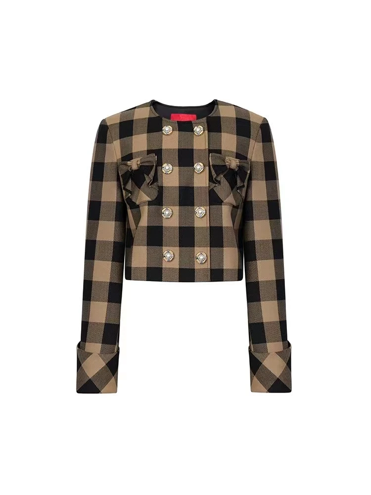 LeFame/拉飞姆Lefame24春学院风棕色格纹彩钻珍珠扣LF24C21SC226