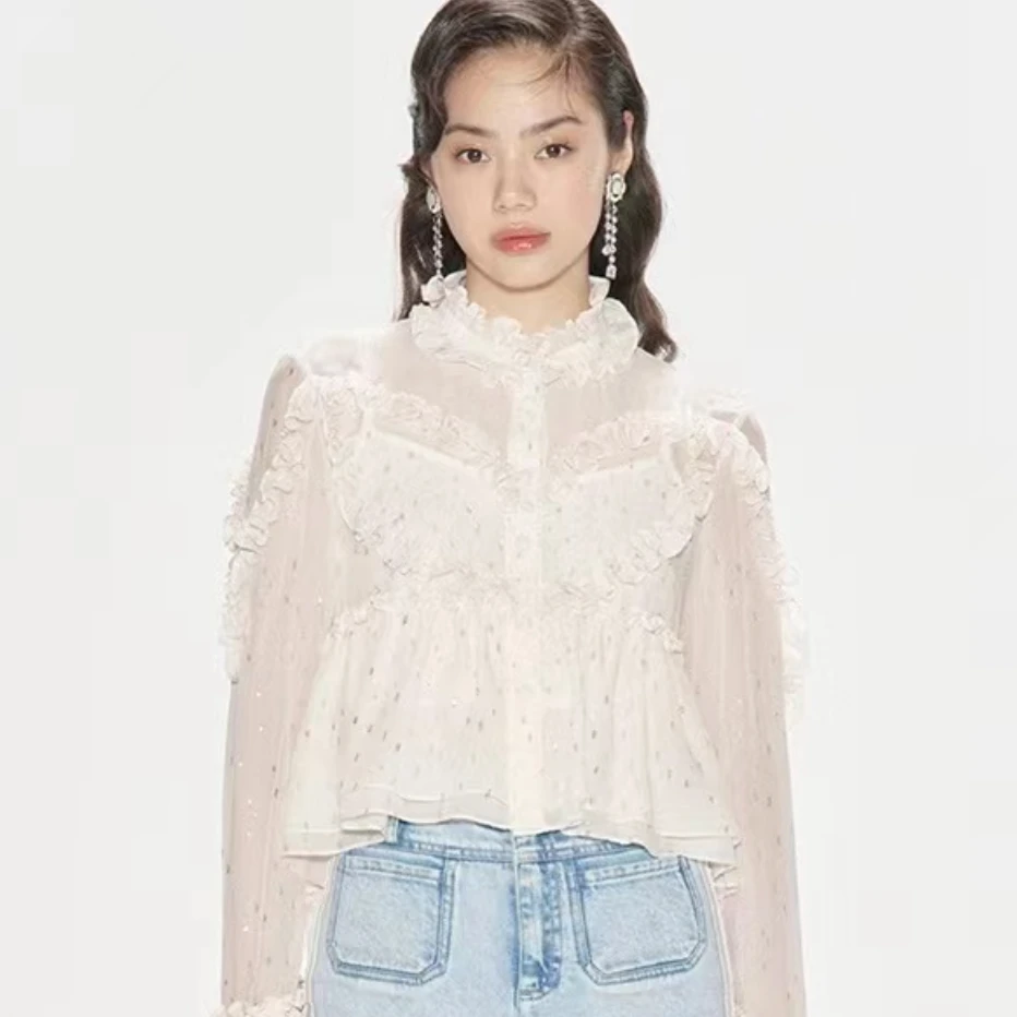 LeFame/拉飞姆LF24Q11SB311洛可可荷叶边装饰金葱上衣配内搭