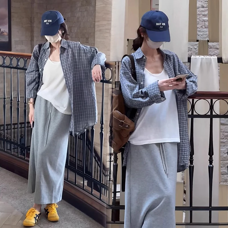 早秋穿搭休闲宽松格子衬衫半身裙套装女装2024新款秋装搭配一整套