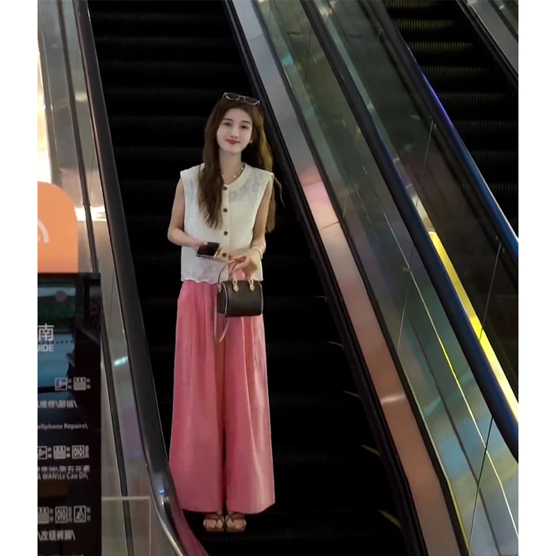 夏天搭配一整套时尚高级感蕾丝镂空背心女直筒显瘦休闲阔腿裤套装