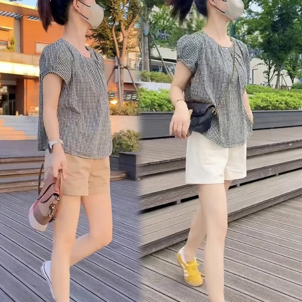 减龄一整套穿搭高级感时尚格子短袖圆领衬衫显瘦阔腿休闲短裤套装