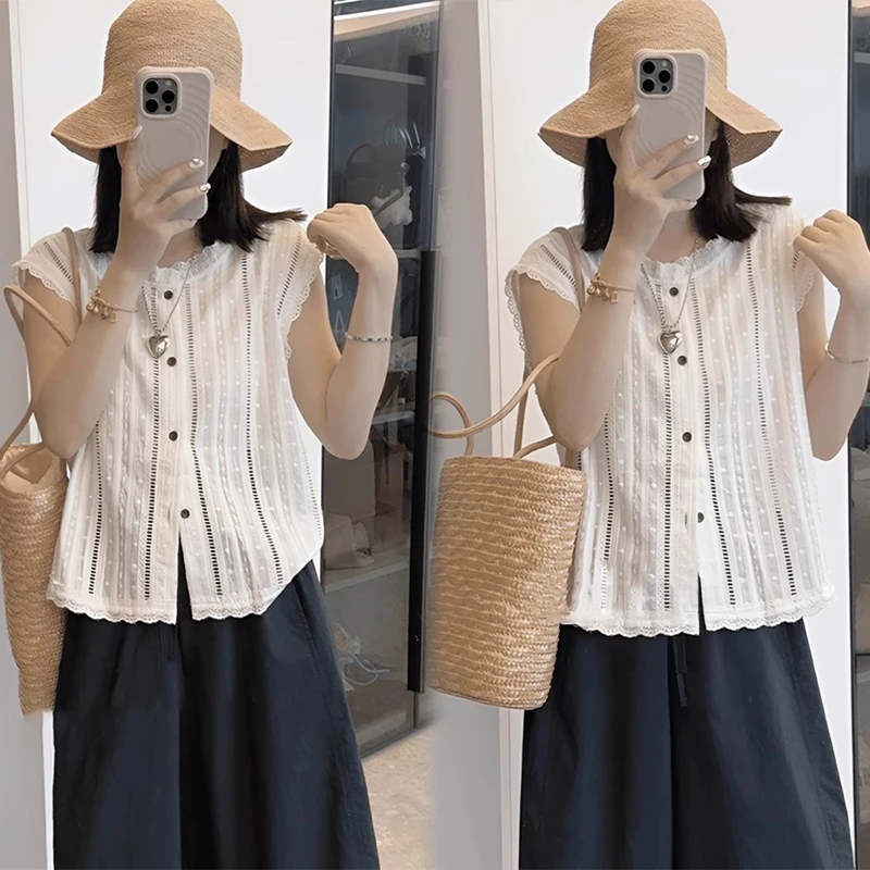 气质轻奢高端时尚休闲套装女新款舒适无袖镂空衬衫阔腿裤两件套女