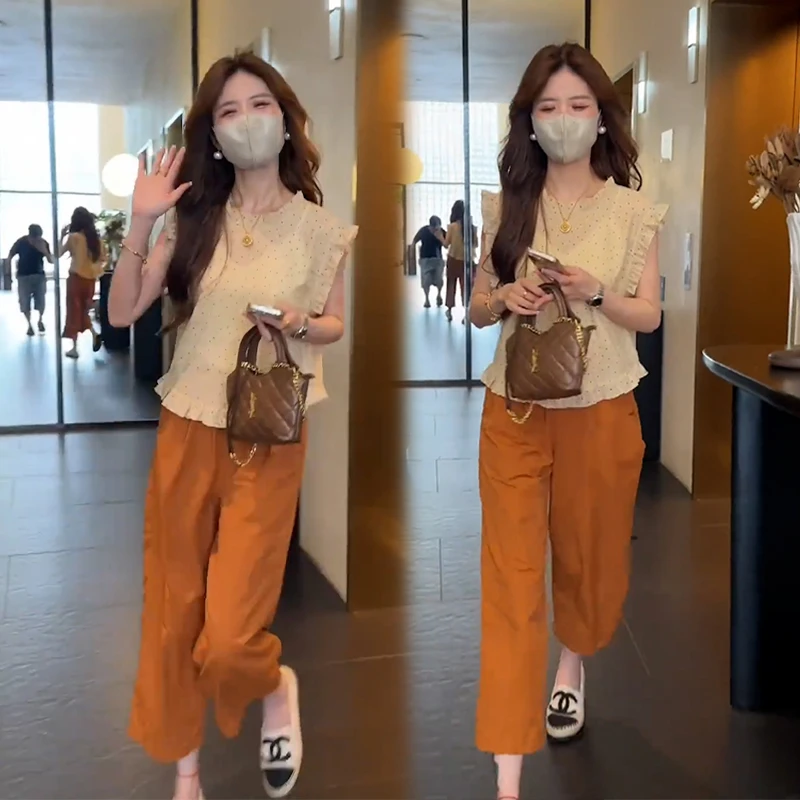今年流行漂亮套装韩系气质波点无袖小衫九分休闲裤减龄两件套女夏
