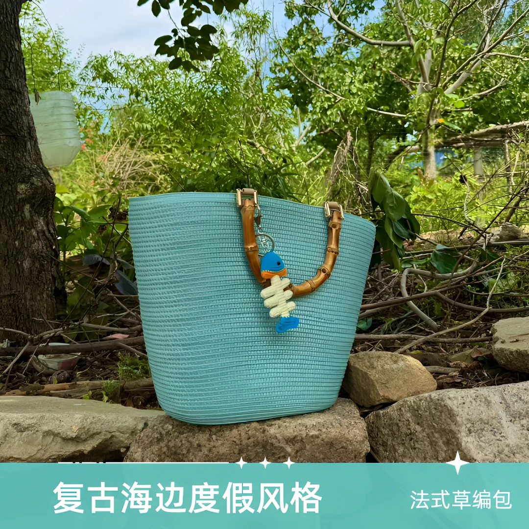 「圈圈家」气质款法式草编包竹节把手手提复古海边度假高品质包包女