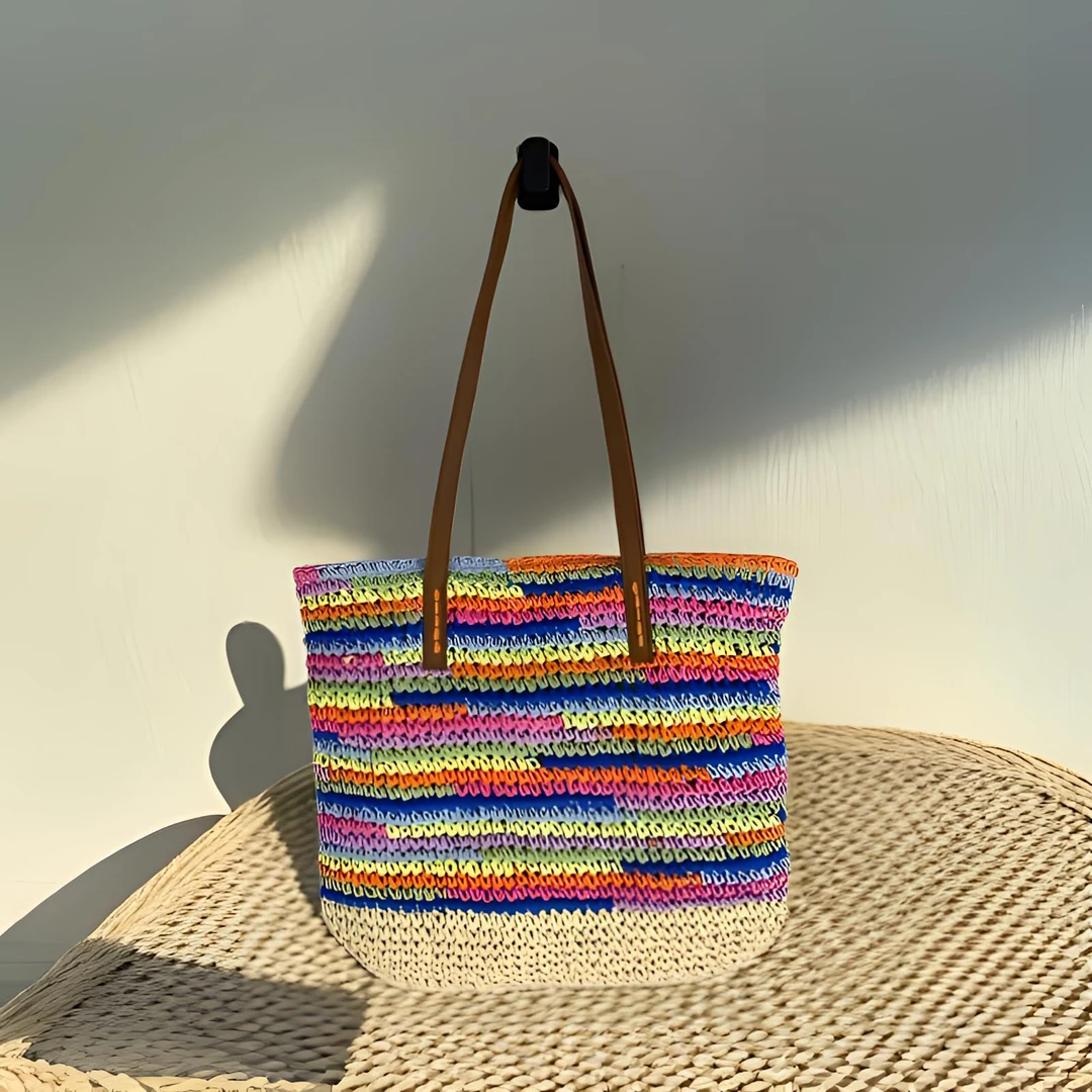 夏季彩虹条纹皮肩带超美2024新款沙滩度假高档撞色纯手工草编包