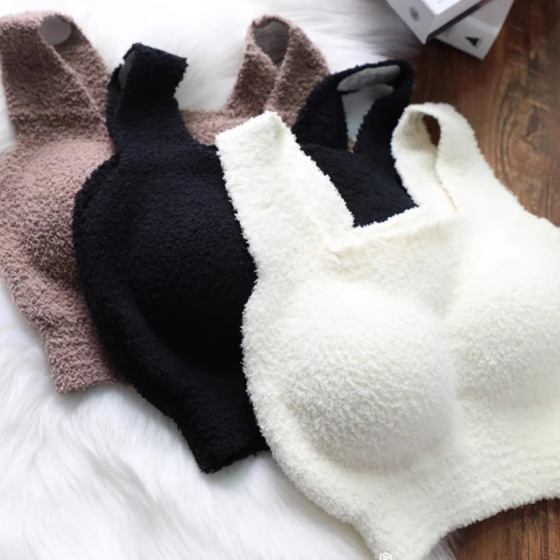 洋气也温暖 冬季内搭保暖背心式带胸垫毛绒绒加绒毛线内衣女背心