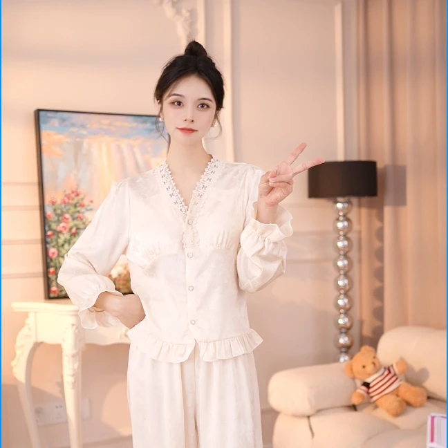 查理夫人【文汐】设计感丝滑睡衣长袖女士家居服宽松套装睡衣