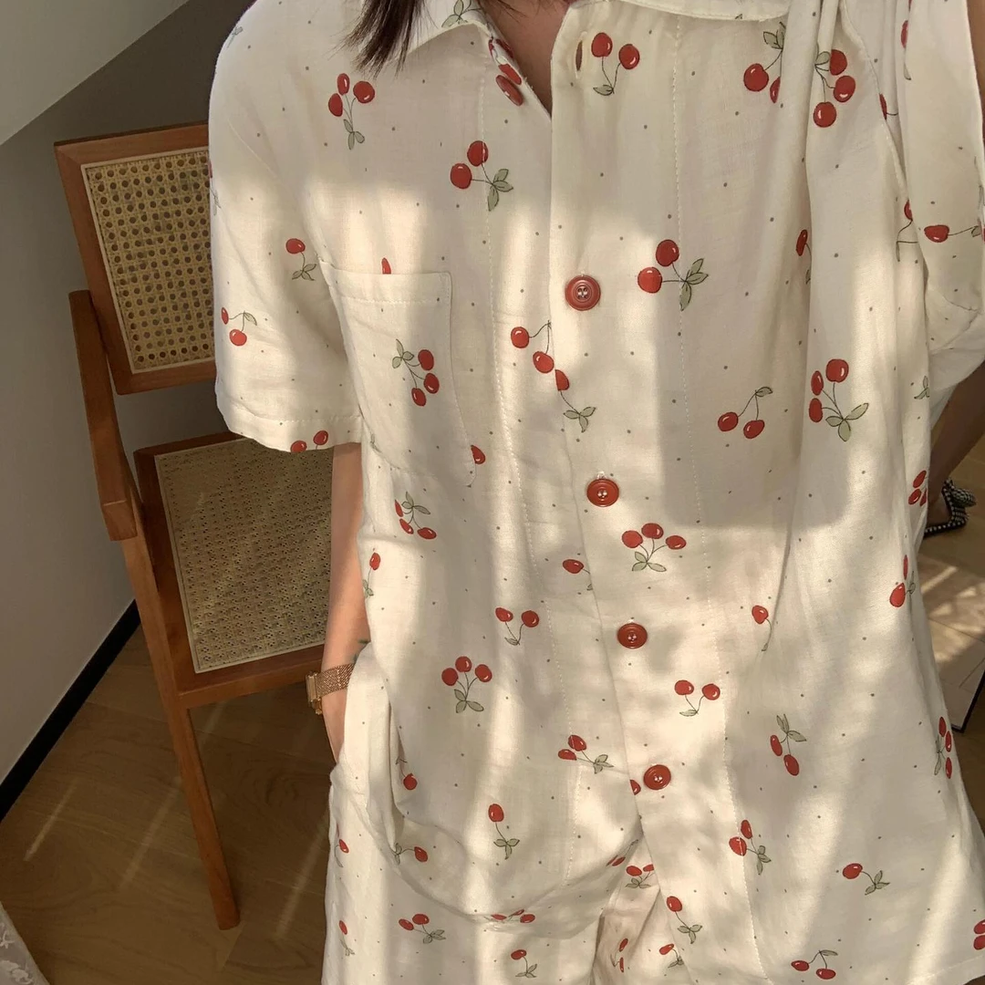 【波点樱桃】睡衣睡衣套装夏季复古小众宽松印花日系设计感