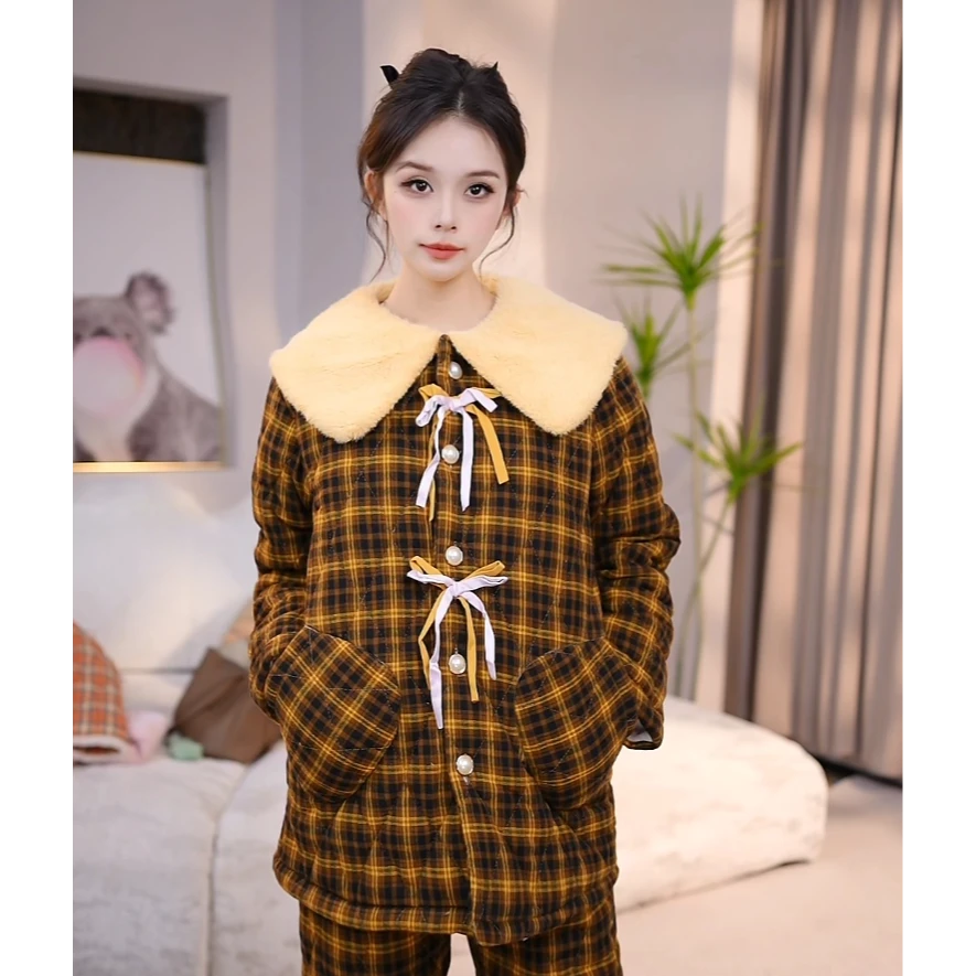 查理夫人【黄格】套装2024新款睡衣女新中式冬季加绒加厚睡衣洋气