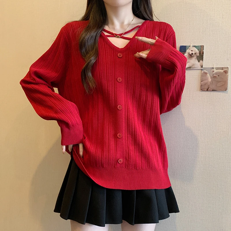 8187大码长袖针织衫毛衣女装上衣春秋外穿宽松洋气百搭复古慵懒风