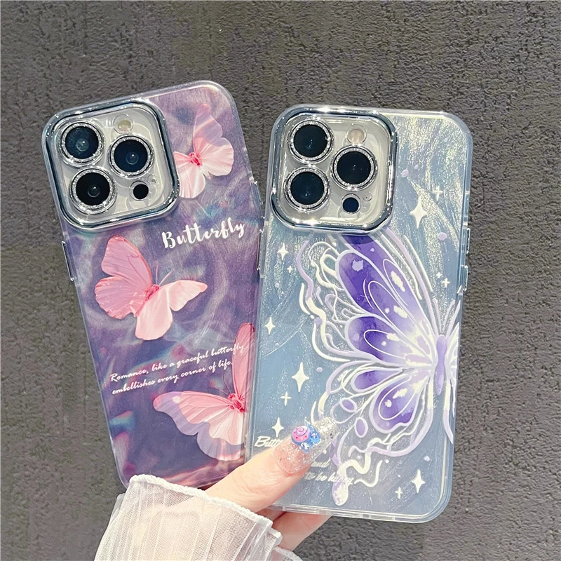 蝴蝶适用苹果15手机壳华为mate60pro高档女款全包防摔壳