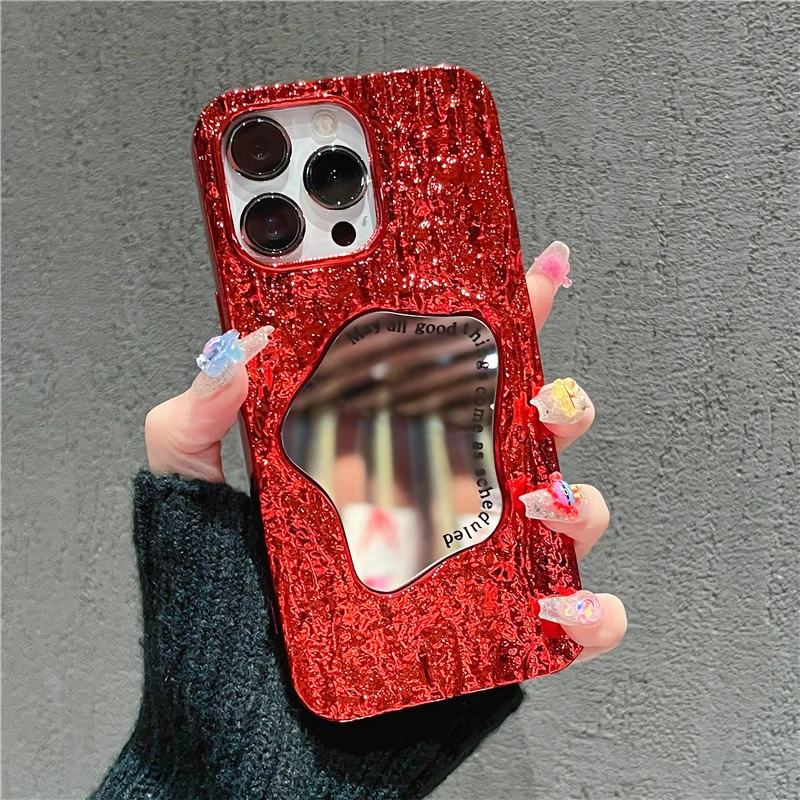 适用苹果15手机壳红色圣诞补妆镜子iphone13华为荣耀oppovivo女款