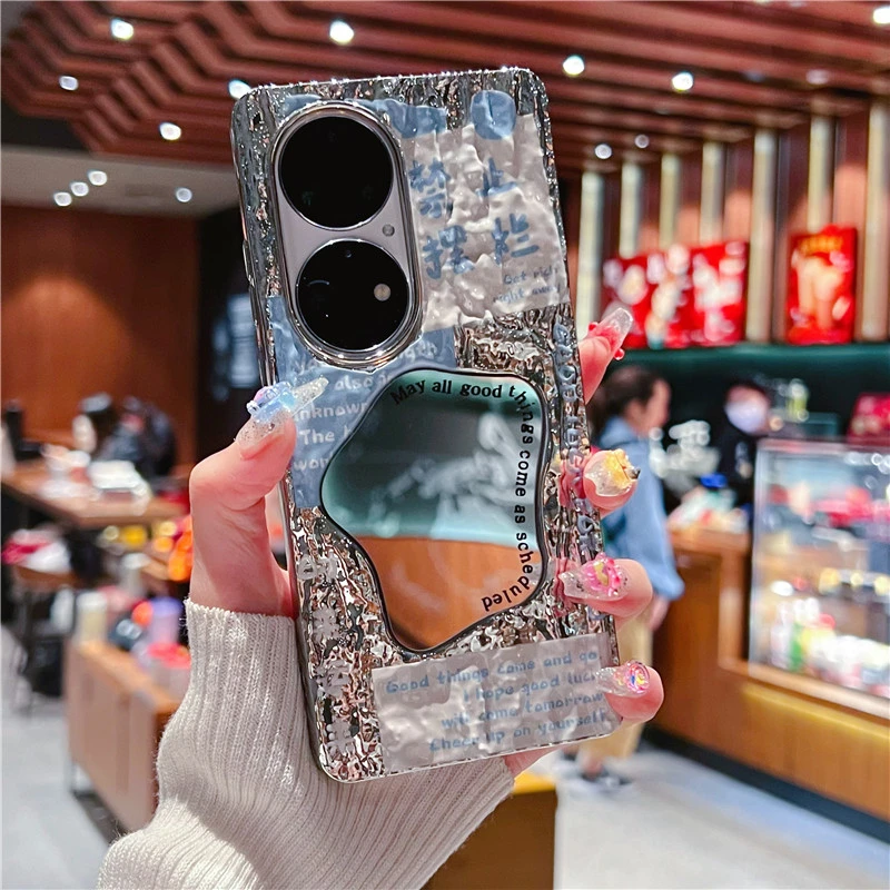 适用【华为p50】手机壳华为p50pro补妆镜子电镀女款防摔套禁止摆烂