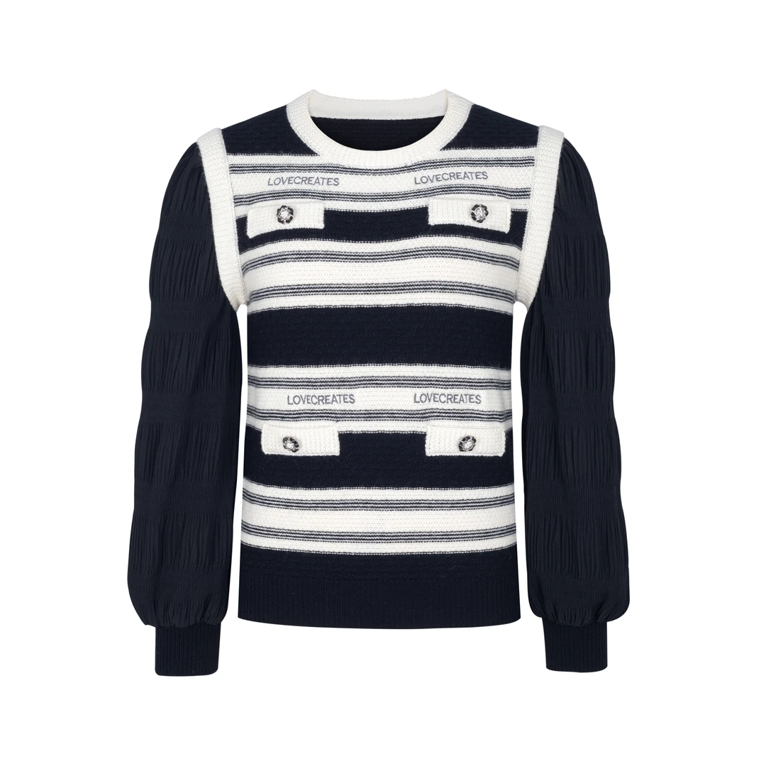 【品牌】商场同款新品黑白条拼接绵羊毛针织衫NDY10A34621