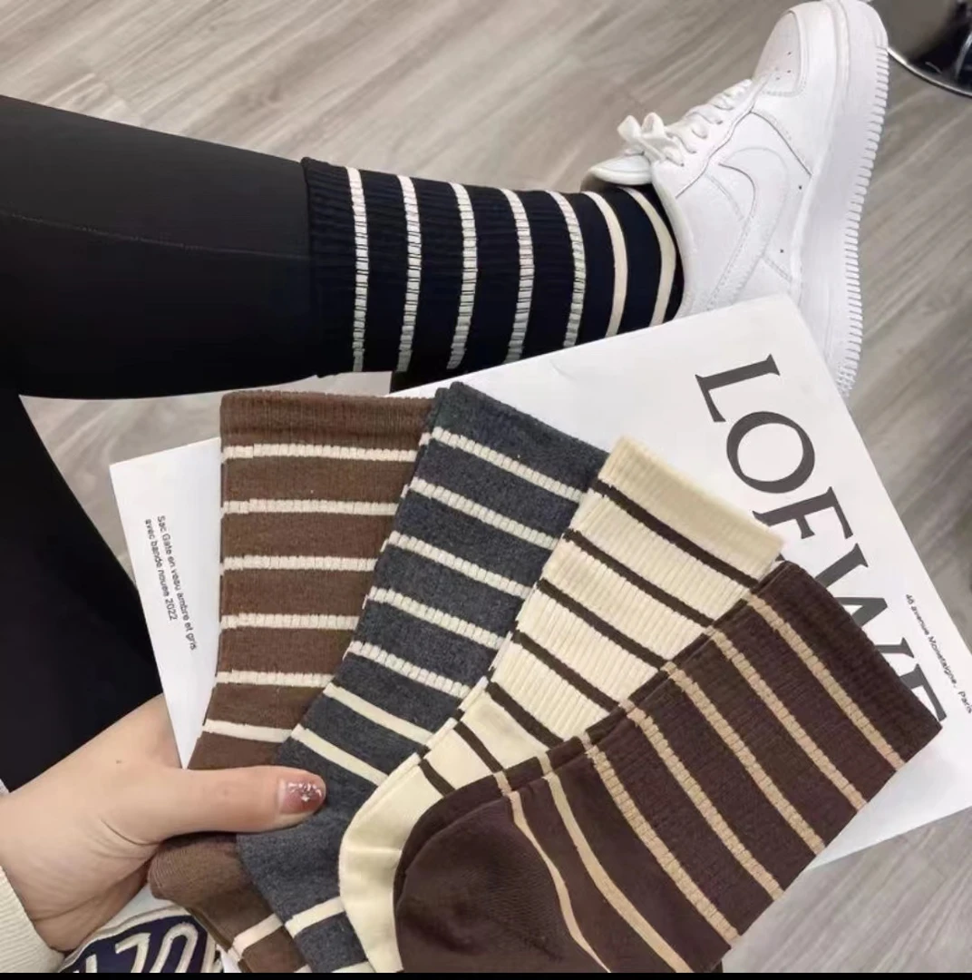 袜子女秋冬季中筒袜ins潮网红款冬天长筒美拉德复古条纹堆堆袜
