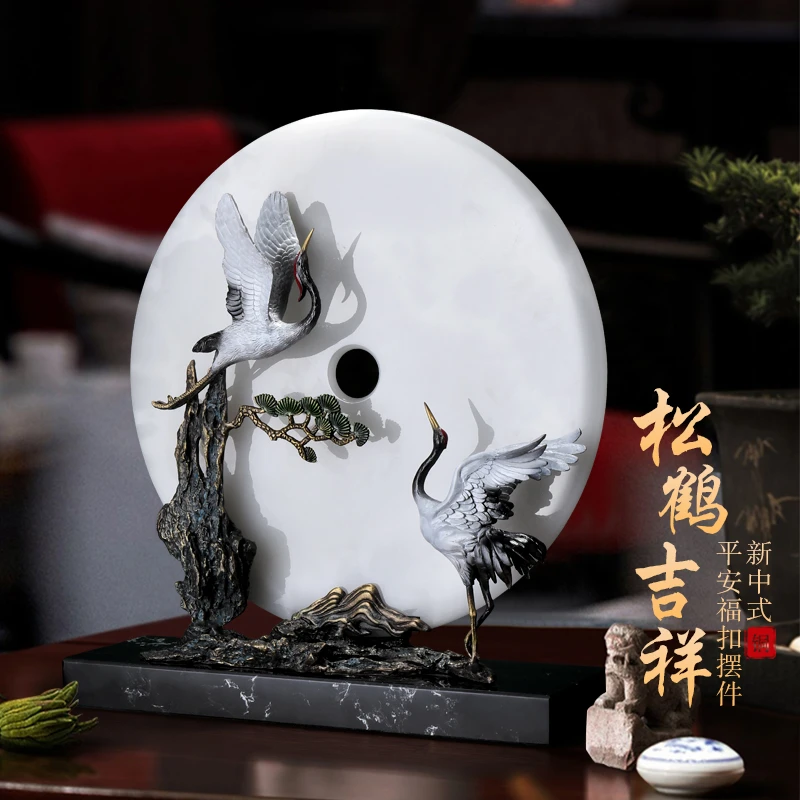 新中式全铜仙鹤松鹤延年平安扣摆件公司办公室玄关开业禅意工艺品