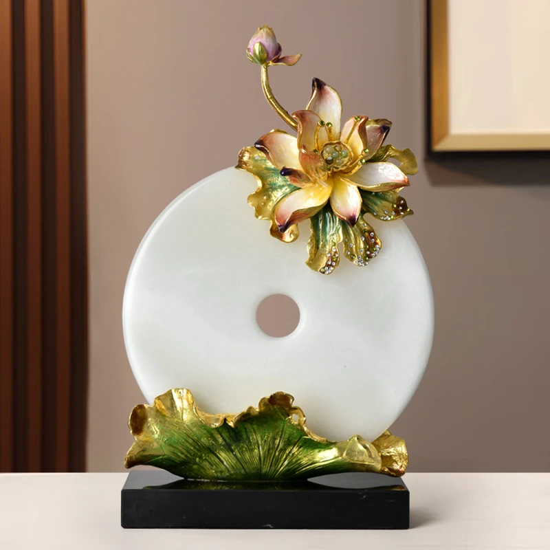 新中式珐琅彩玉石工艺品荷花平安扣摆件客厅玄关酒柜家居装饰品