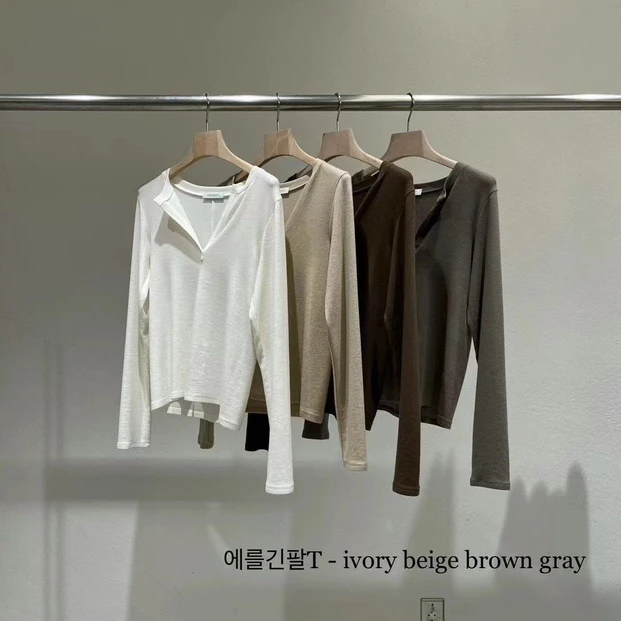 【NO退换】st韩国东大门气质简约V领开叉长袖T恤