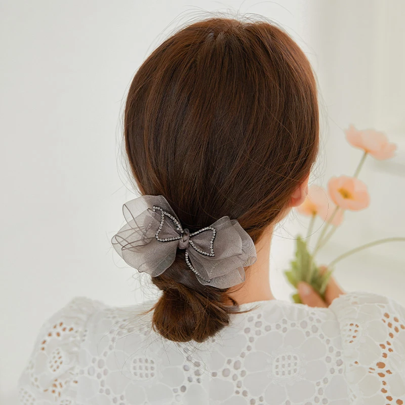 CHIMERA/奇美拉 铜合金布艺发饰 韩版灰粉色欧根纱蝴蝶结水晶发夹