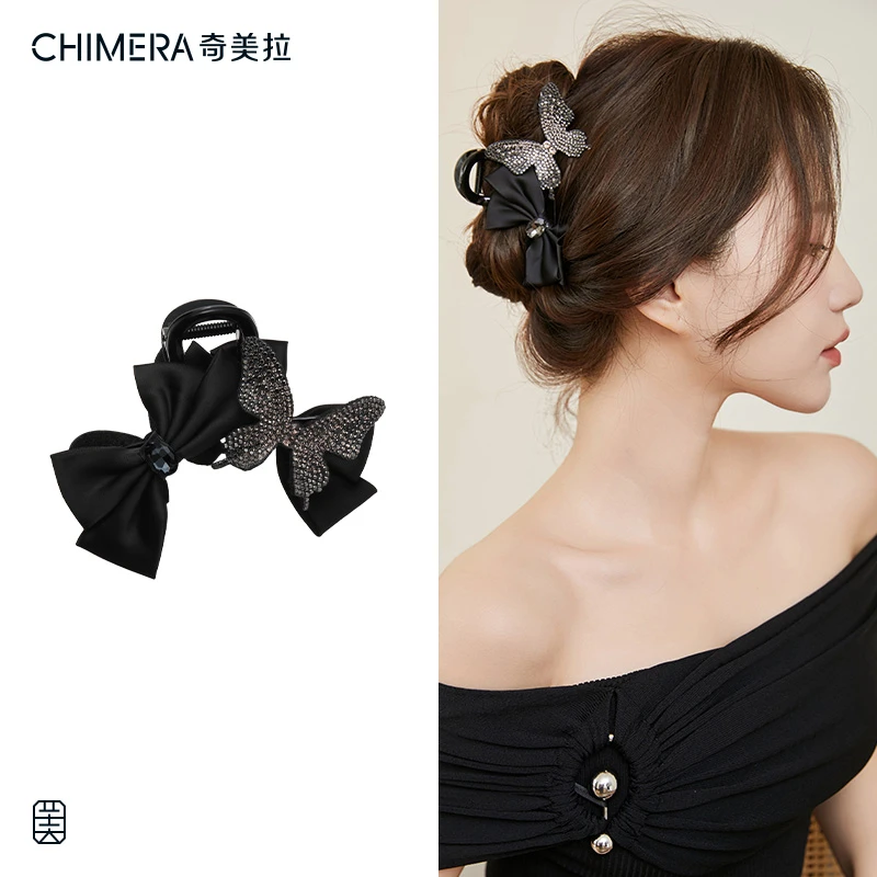 CHIMERA/奇美拉黑色蝴蝶结鲨鱼夹轻奢气质发夹后脑勺高颅顶抓夹