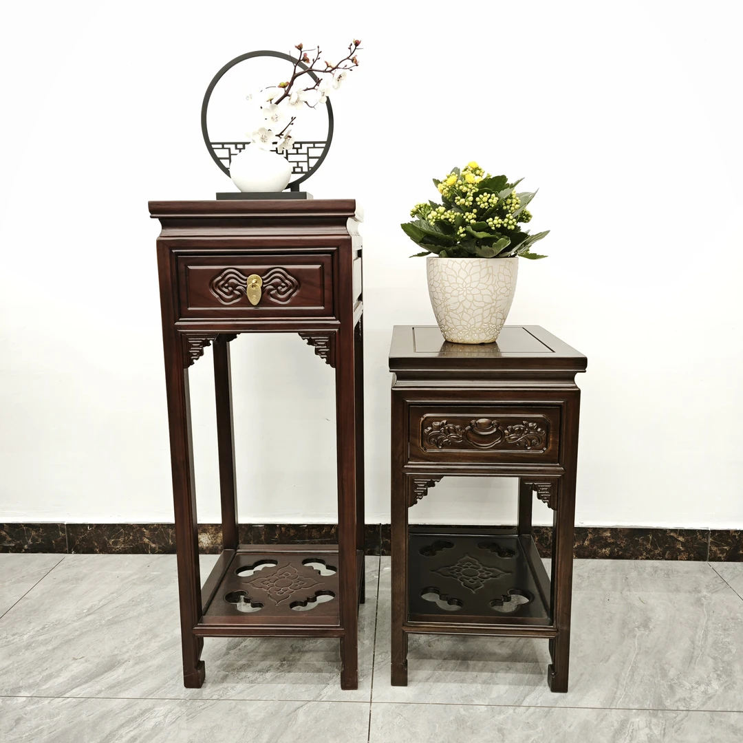 【19】实木花架仿古家具盆景架工艺品置物架方形多层雕花落地角几