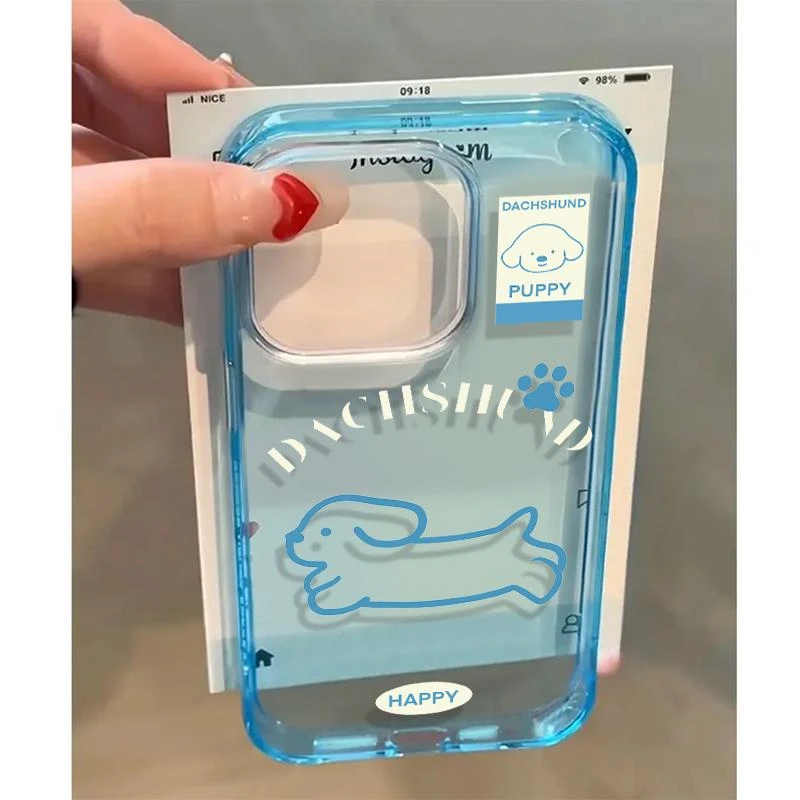 蓝色线条小狗适用iPhone15 14promax手机壳苹果13卡通12透色11软x