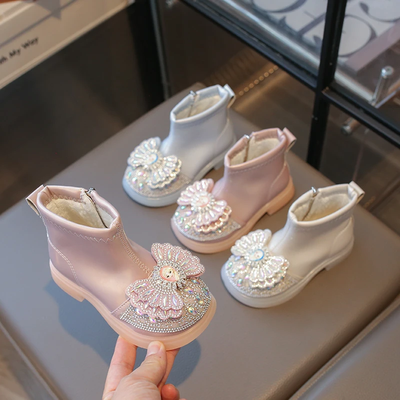 清仓女童短靴水晶公主鞋冬季新款加绒儿童靴子卡通小女孩棉靴皮靴