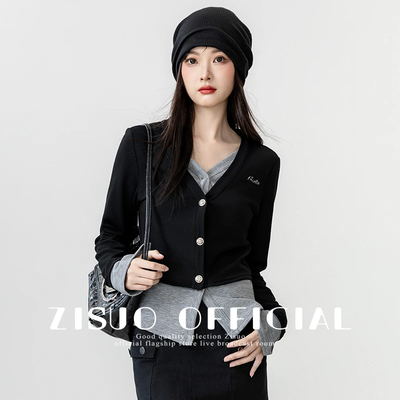 2025春秋新款黑灰拼色假两件长袖衬衫女设计感小众衬衣外套短上衣