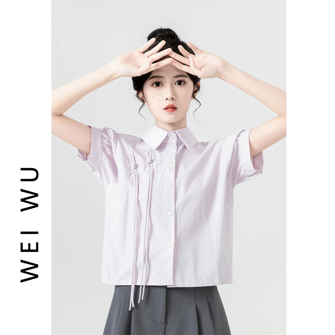 新中式国风紫色短袖衬衫女夏2025新款设计感泡泡袖衬衣别致短上衣