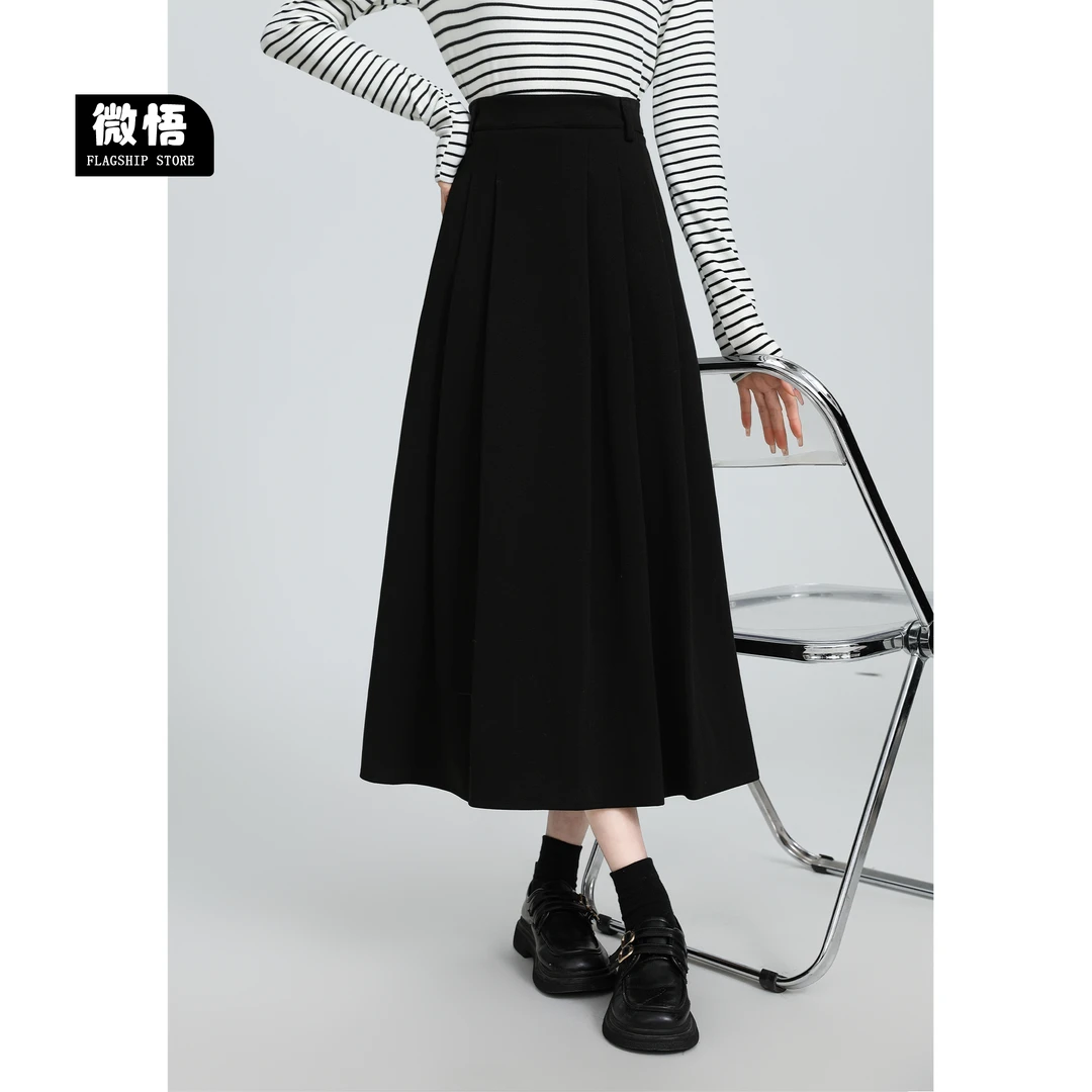 黑色加厚毛呢半身裙女2024秋冬新款高腰显瘦伞裙A字百褶裙中长裙