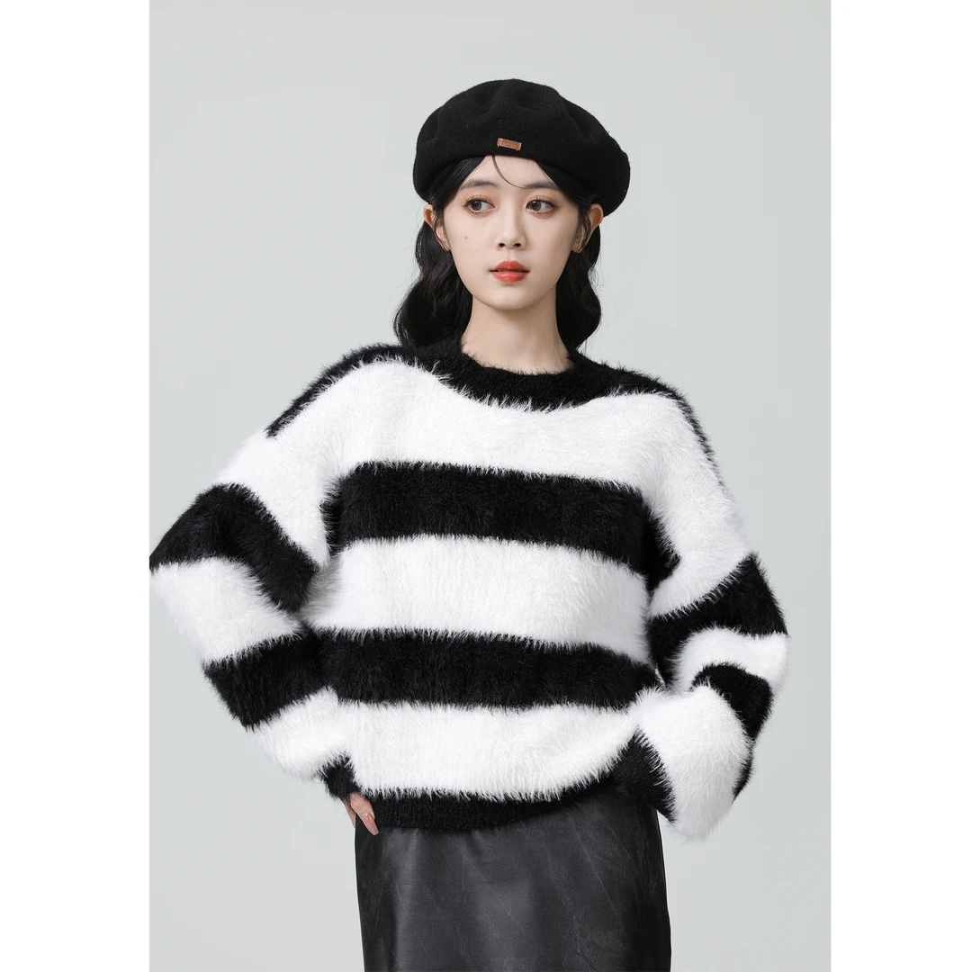 黑白条纹马海毛毛衣女秋冬2024新款加绒加厚水貂绒针织衫短款上衣