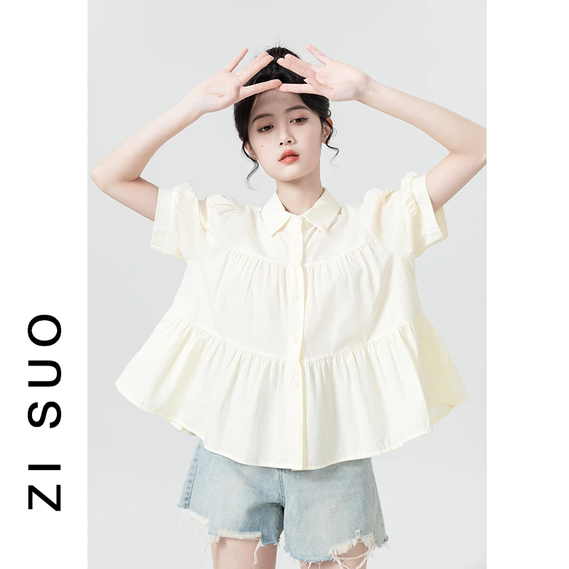 杏色polo领短袖娃娃衫女夏2025新款泡泡袖遮肚子别致独特衬衫上衣