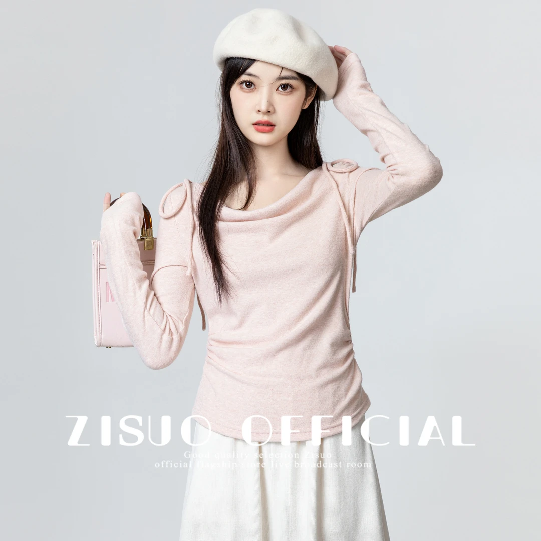 粉色不规则长袖T恤女2025春秋新款温柔风蝴蝶结系带显瘦短款上衣