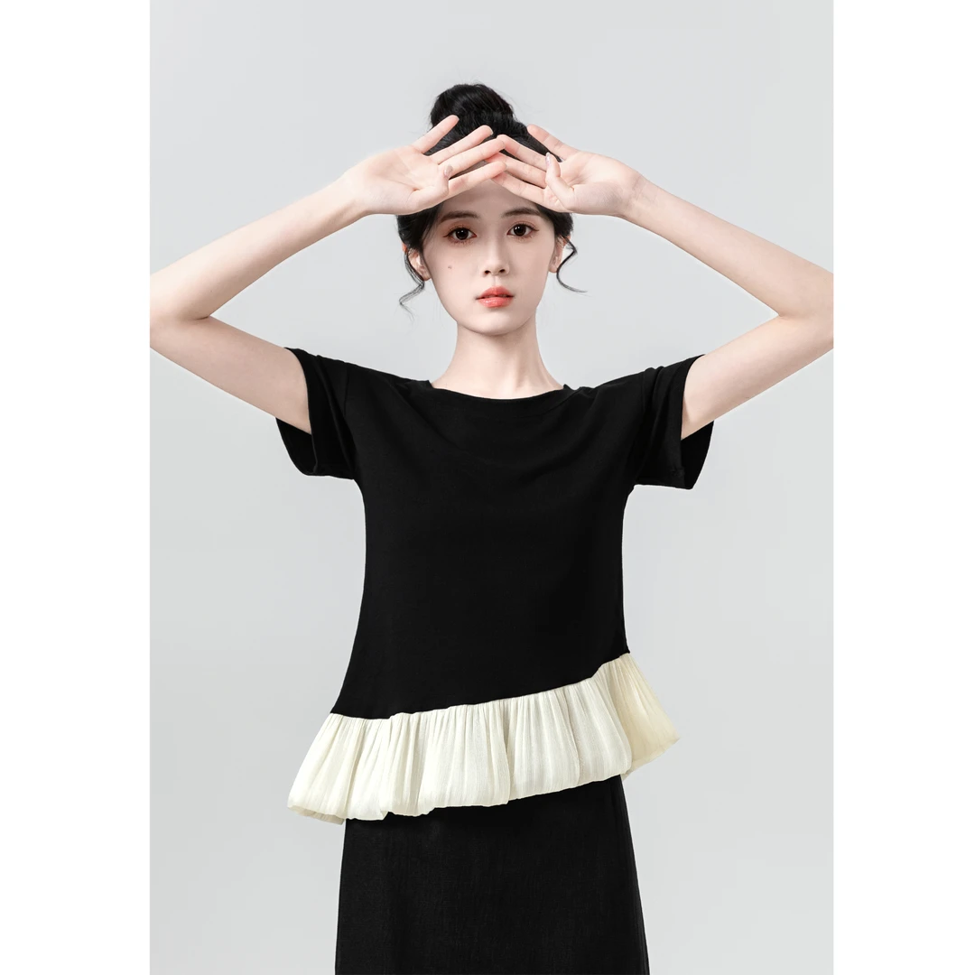 法式荷叶边短袖T恤女夏2024新款设计感不规则正肩体恤黑色短上衣