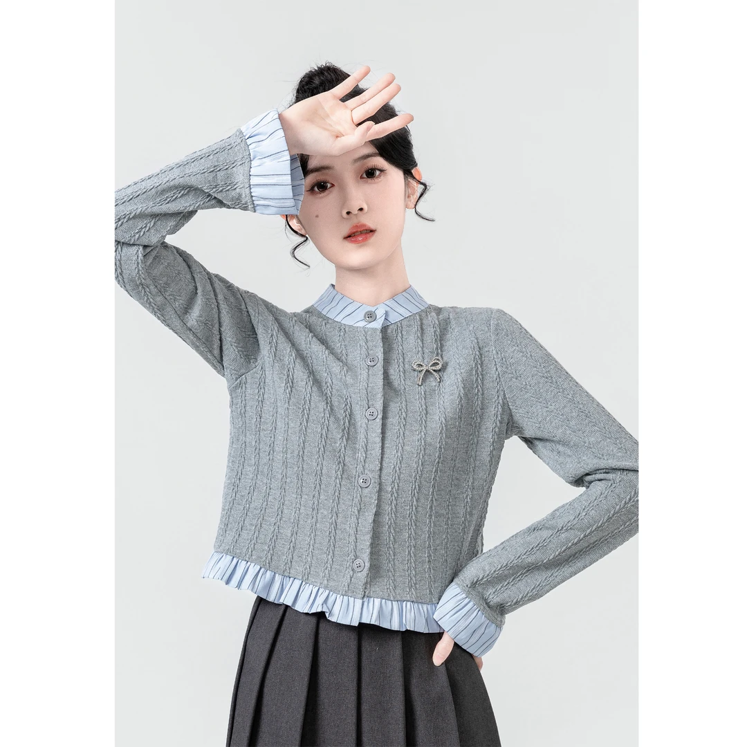 灰色假两件针织开衫女春秋2025新款设计感拼接小个子荷叶边短上衣